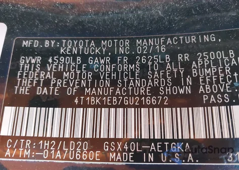 2016 Toyota Avalon Xle z USA, uszkodzony, nr VIN 4T1BK1EB7GU216672